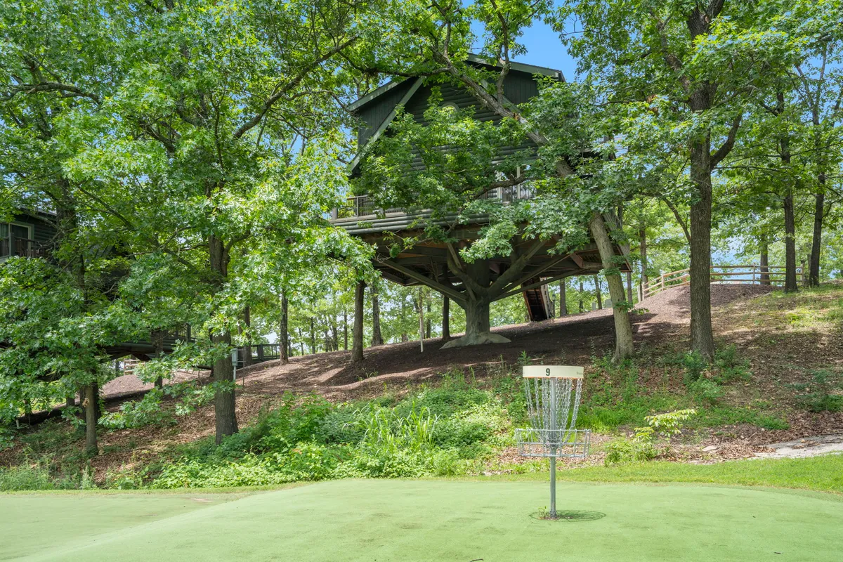 Set amidst lush greenery, a disc golf basket sits beside a charming treehouse, inviting guests to enjoy a round of disc golf or simply relax in nature. The playful mood suggests fun family bonding and outdoor activity.